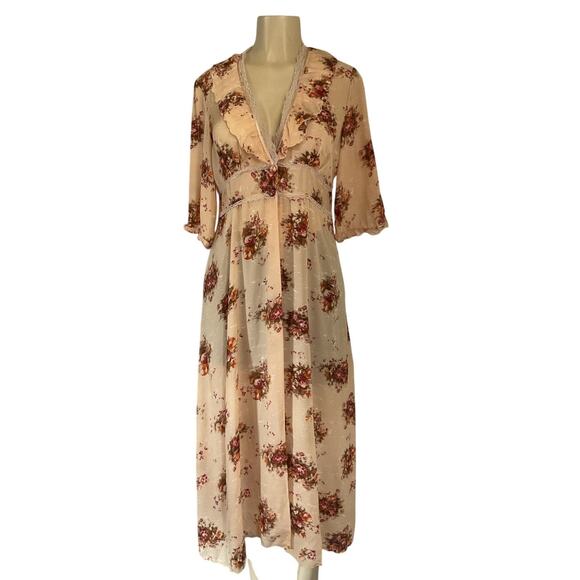 Vintage Floral Open Front Dress or Robe Size 48 Sheer Lace Trim 3/4 Sleeve - Picture 1 of 13